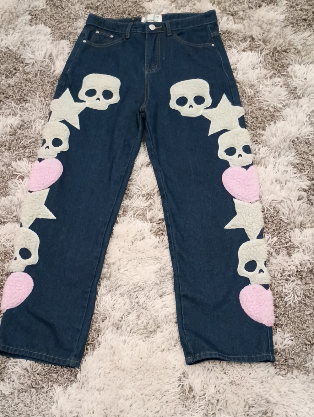 Dark Blue Straight-Leg Jeans with Pink Heart & Cream Skull & Star Appliqués